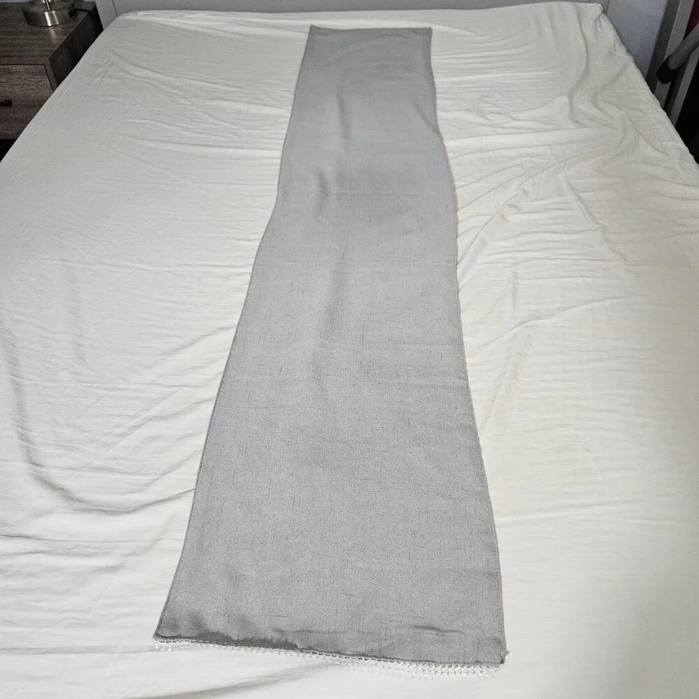 Gray Linen-Look Table Runner 70x14 Inch with Lace Trim Neutral Farmhouse Decor